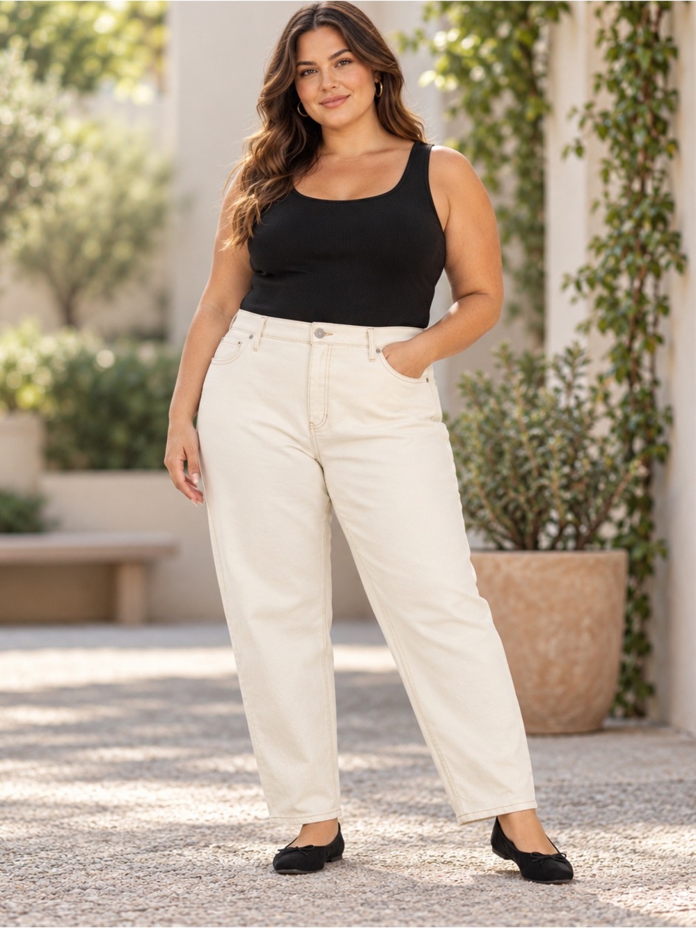 Women's Plus 16W High Rise Barrel Leg Jeans Tummy Control Cream Beige Denim NWT